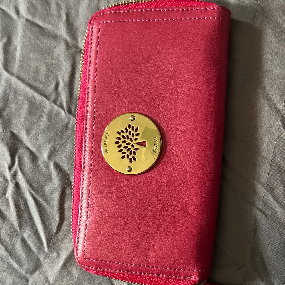 Mulberry Pink Zip-Around Wallet with Gold Tree Emblem